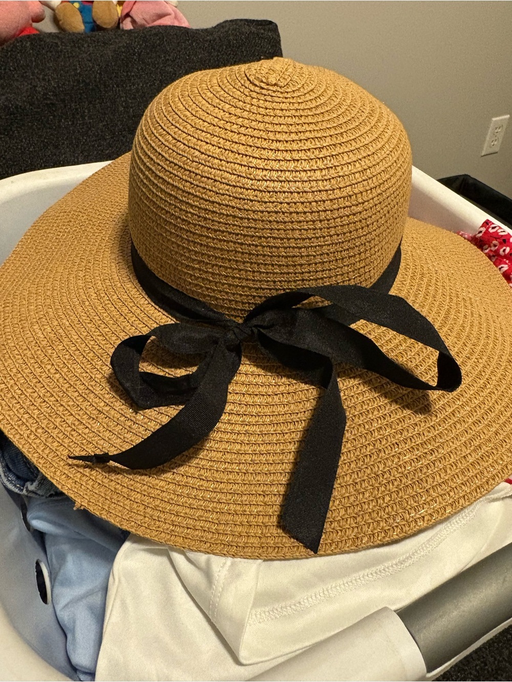 Wide Brim Straw Sun Hat with Black Bow - Tan